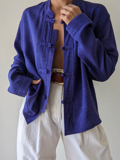 Vintage Embossed Silk Knot Closure Blouse