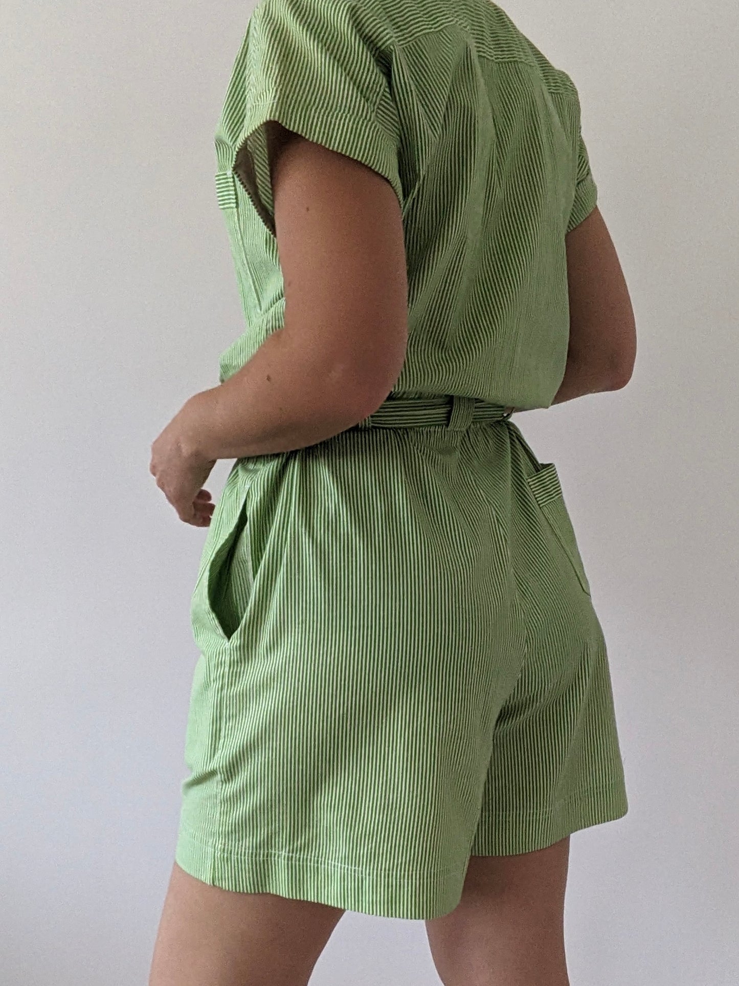 Vintage Lime Striped Cotton Romper