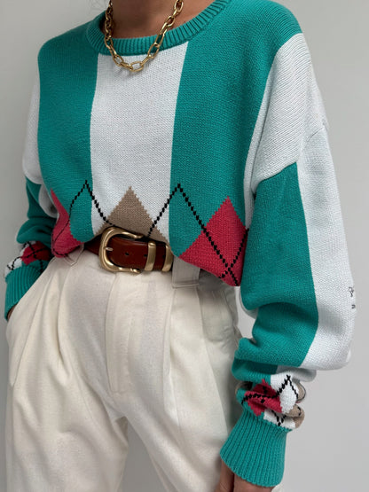 Vintage Wide Striped Argyle Cotton Sweater