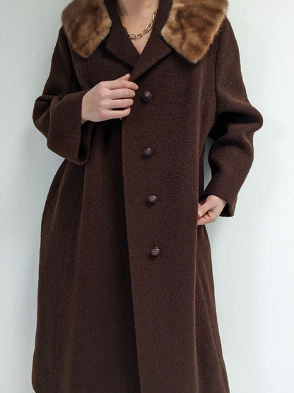 Gorgeous Vintage Chocolate Bouclé Wool & Fur Coat