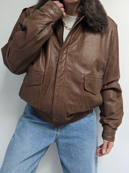 Vintage Almond Leather & Faux Fur Bomber