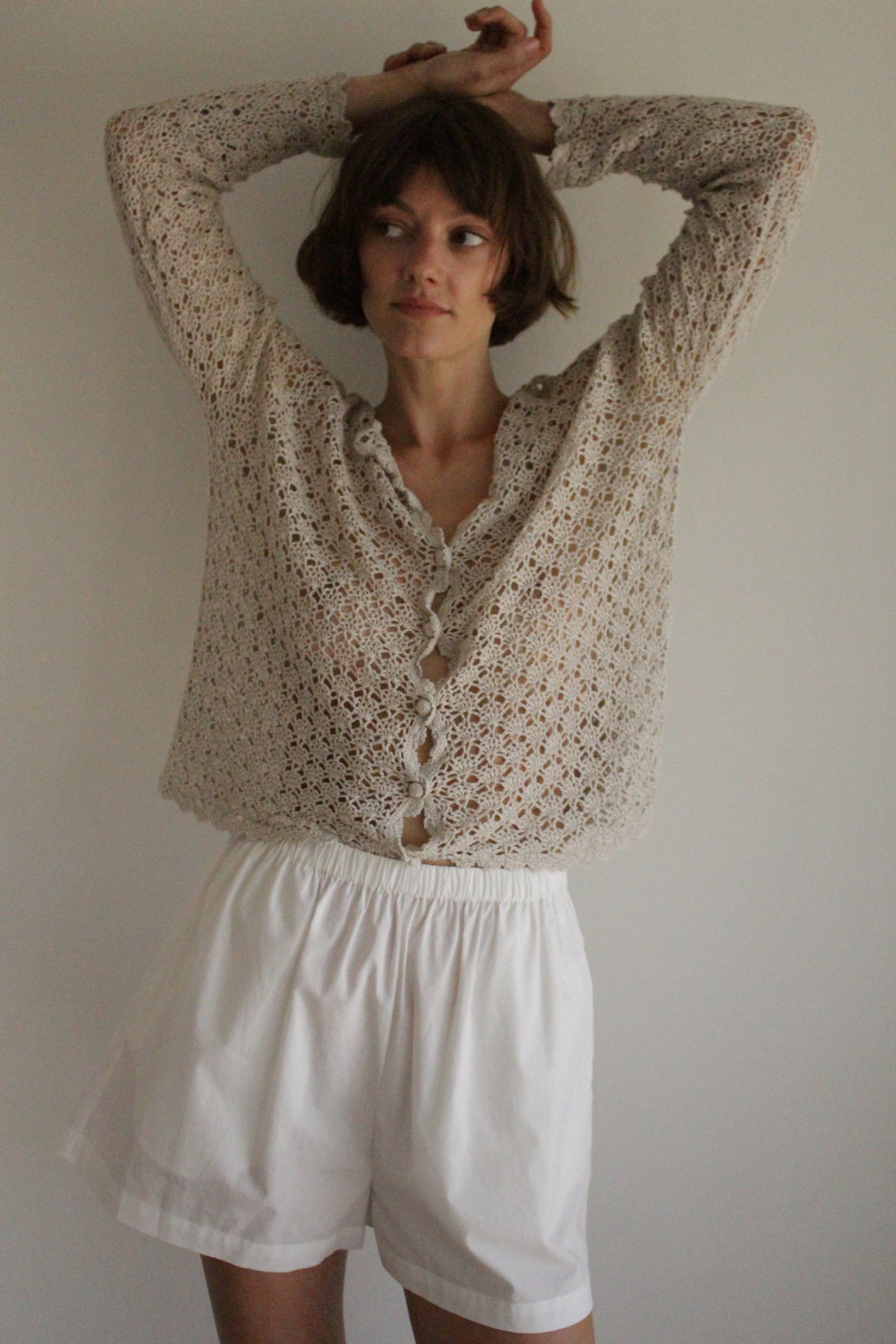 Vintage Stone Crochet Linen Cardigan