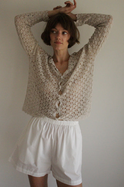Vintage Stone Crochet Linen Cardigan