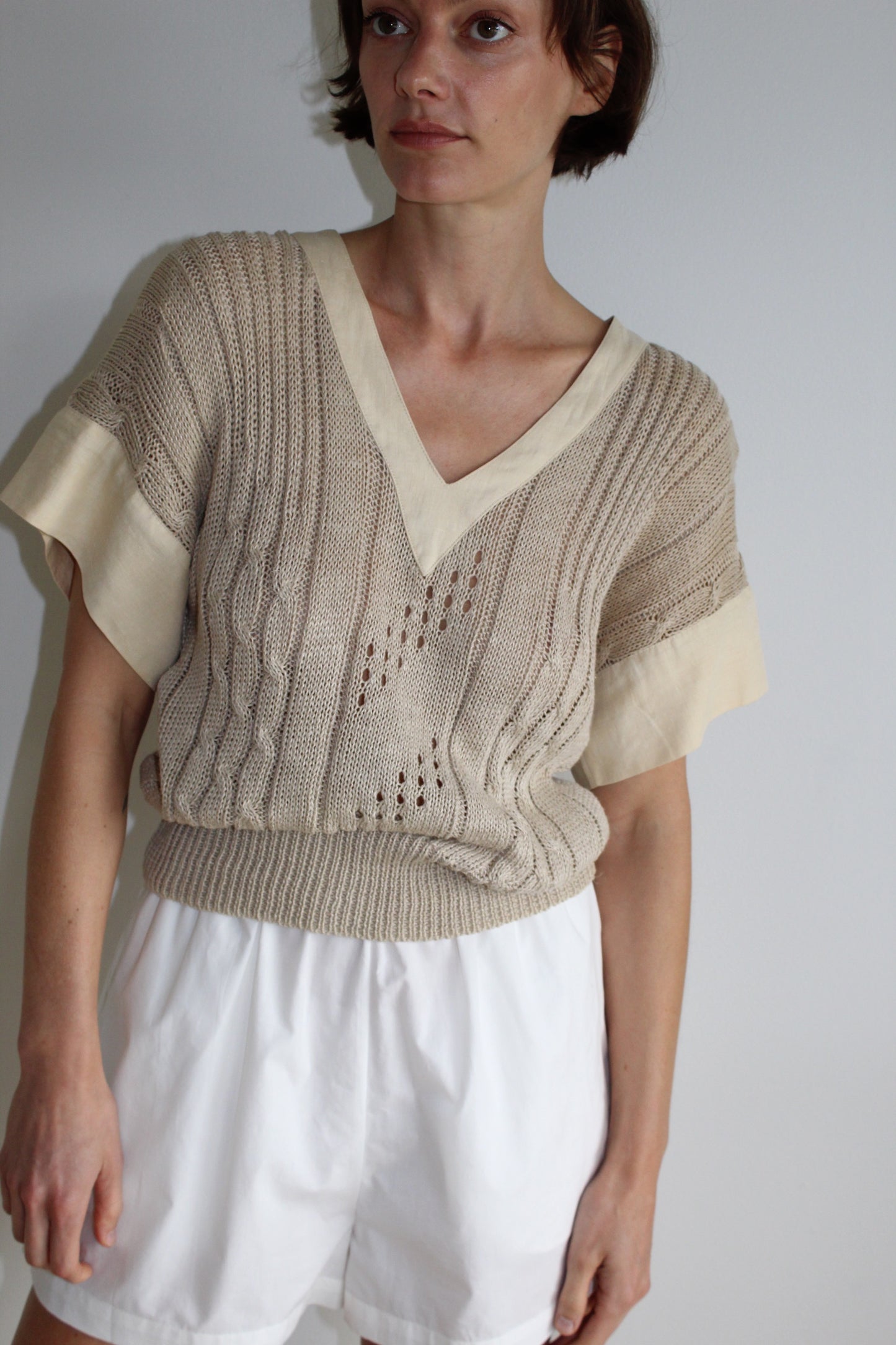 Vintage Linen Open Knit V-Neck Tee