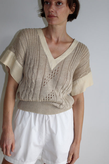Vintage Linen Open Knit V-Neck Tee