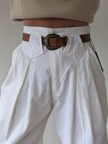 Vintage Eggshell Pleated Cotton Trousers