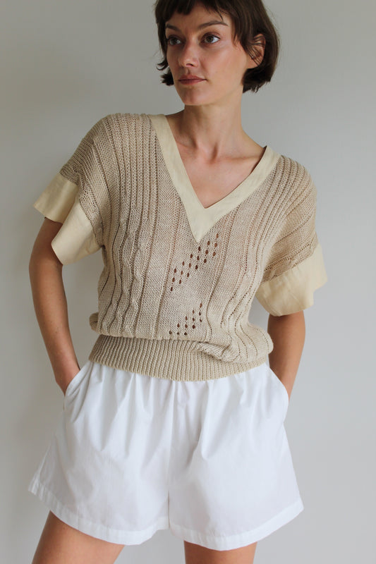 Vintage Linen Open Knit V-Neck Tee