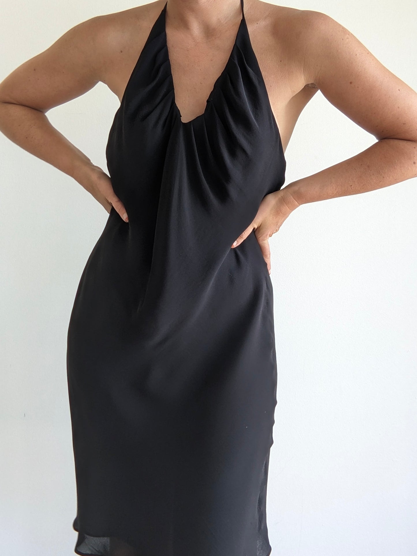 Vintage Ink Black Silk Halter Dress