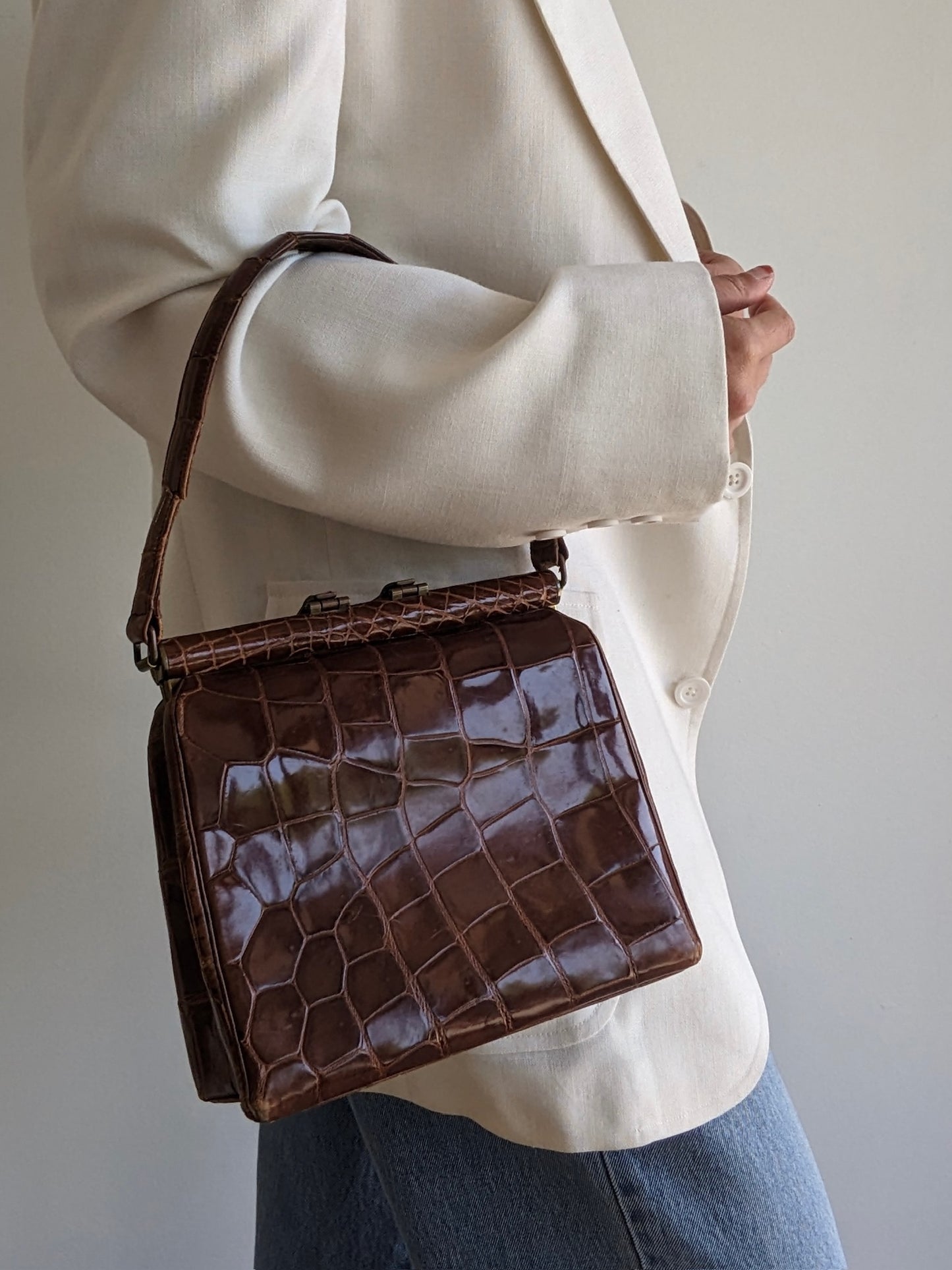 Incredible Vintage Alligator Embossed Leather Handbag