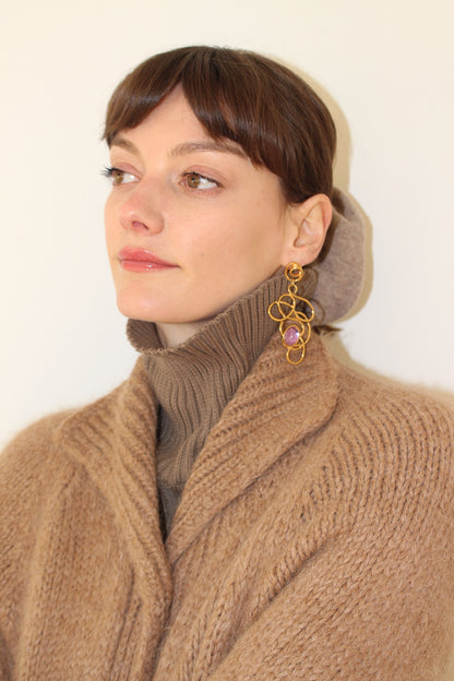 Vintage Ribboned Gold & Faux Amethyst Gem Earrings