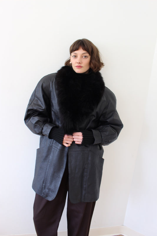 Vintage Licorice Fur-Trimmed Leather Jacket
