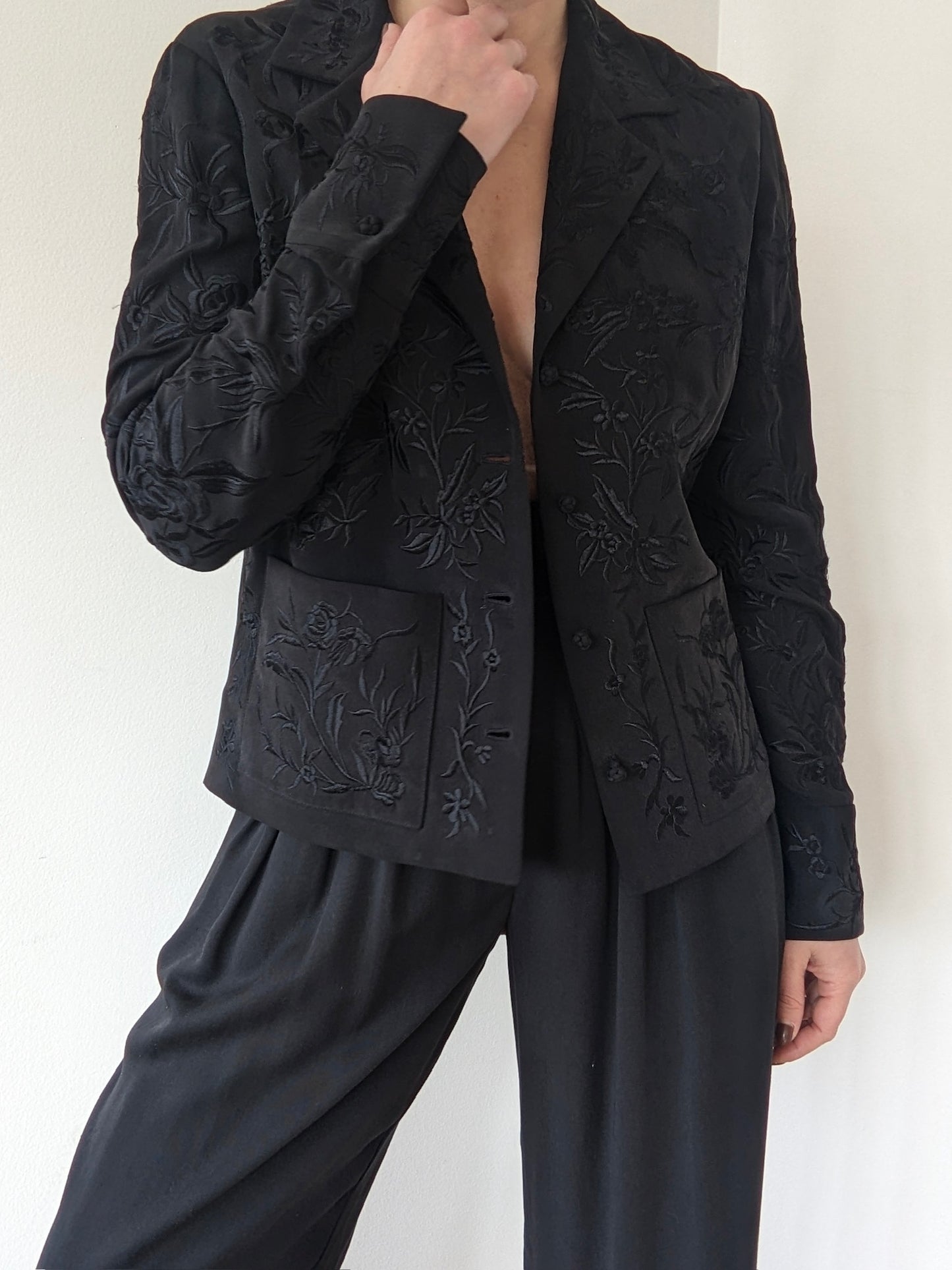 Vintage Dana Buchman Ink Black Embroidered Silk Jacket