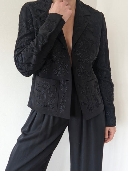 Vintage Dana Buchman Ink Black Embroidered Silk Jacket