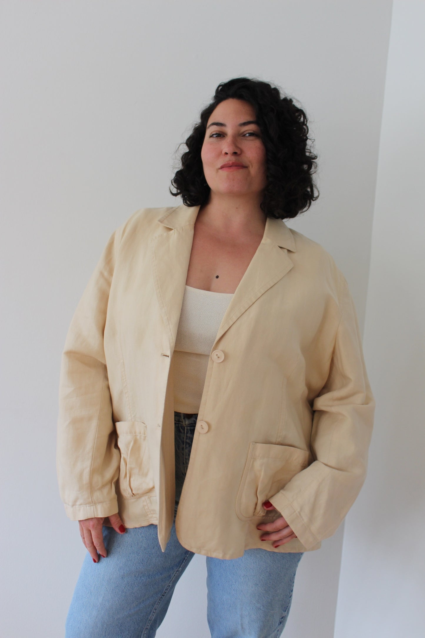 Vintage Butter Linen Herringbone Jacket