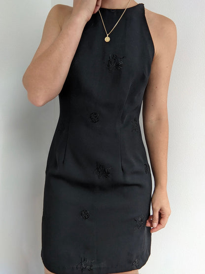 90s Ink Black Embroidered Mini Dress