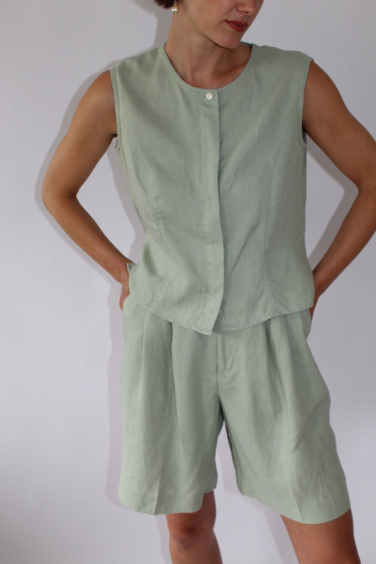 Vintage Seafoam Linen Shorts Set