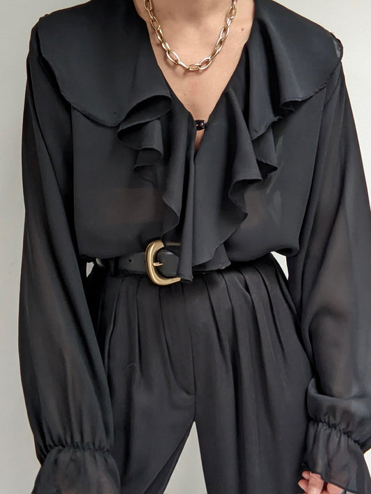 Vintage Sheer Black Ruffled Blouse