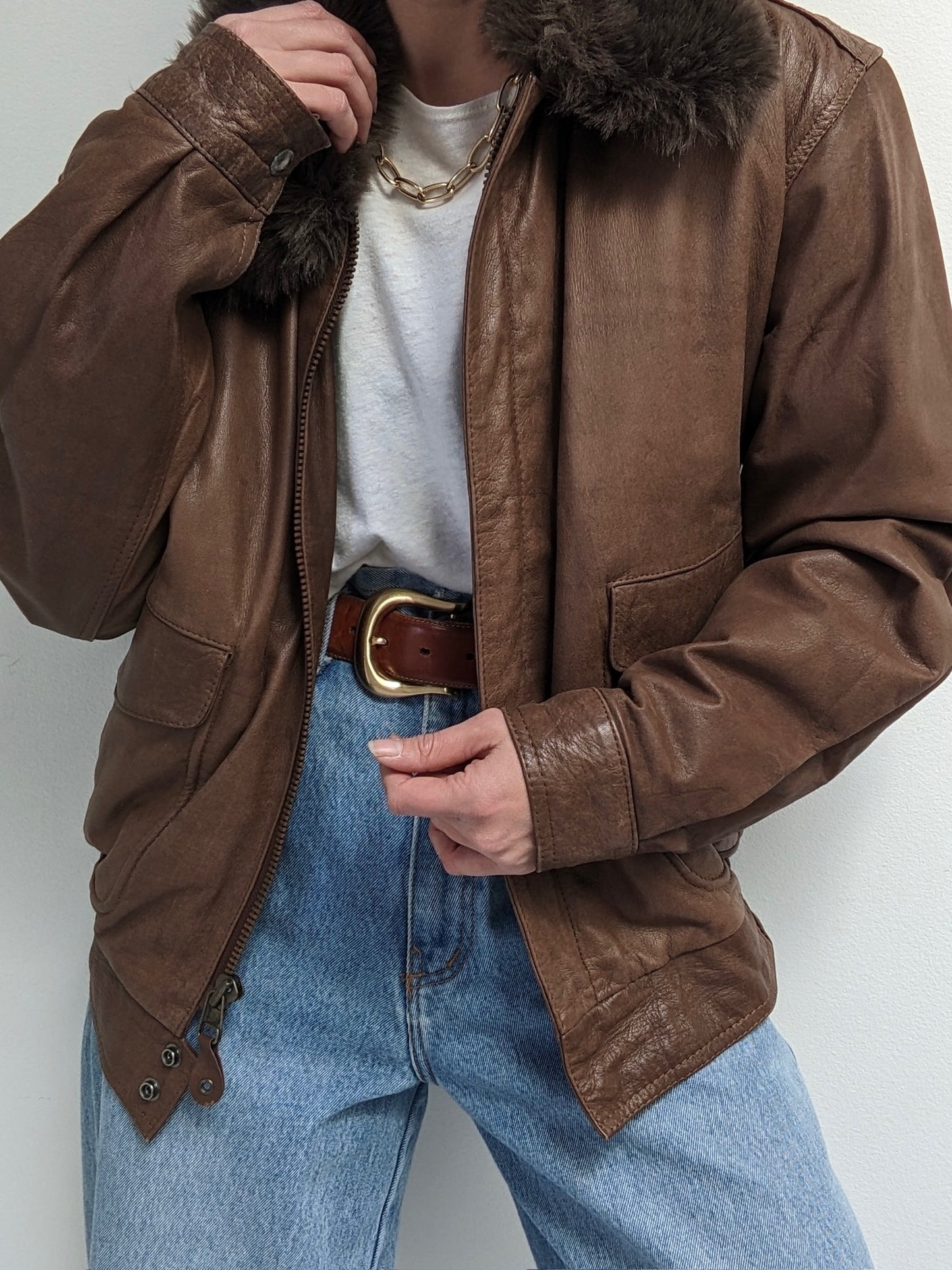 Vintage Almond Leather & Faux Fur Bomber