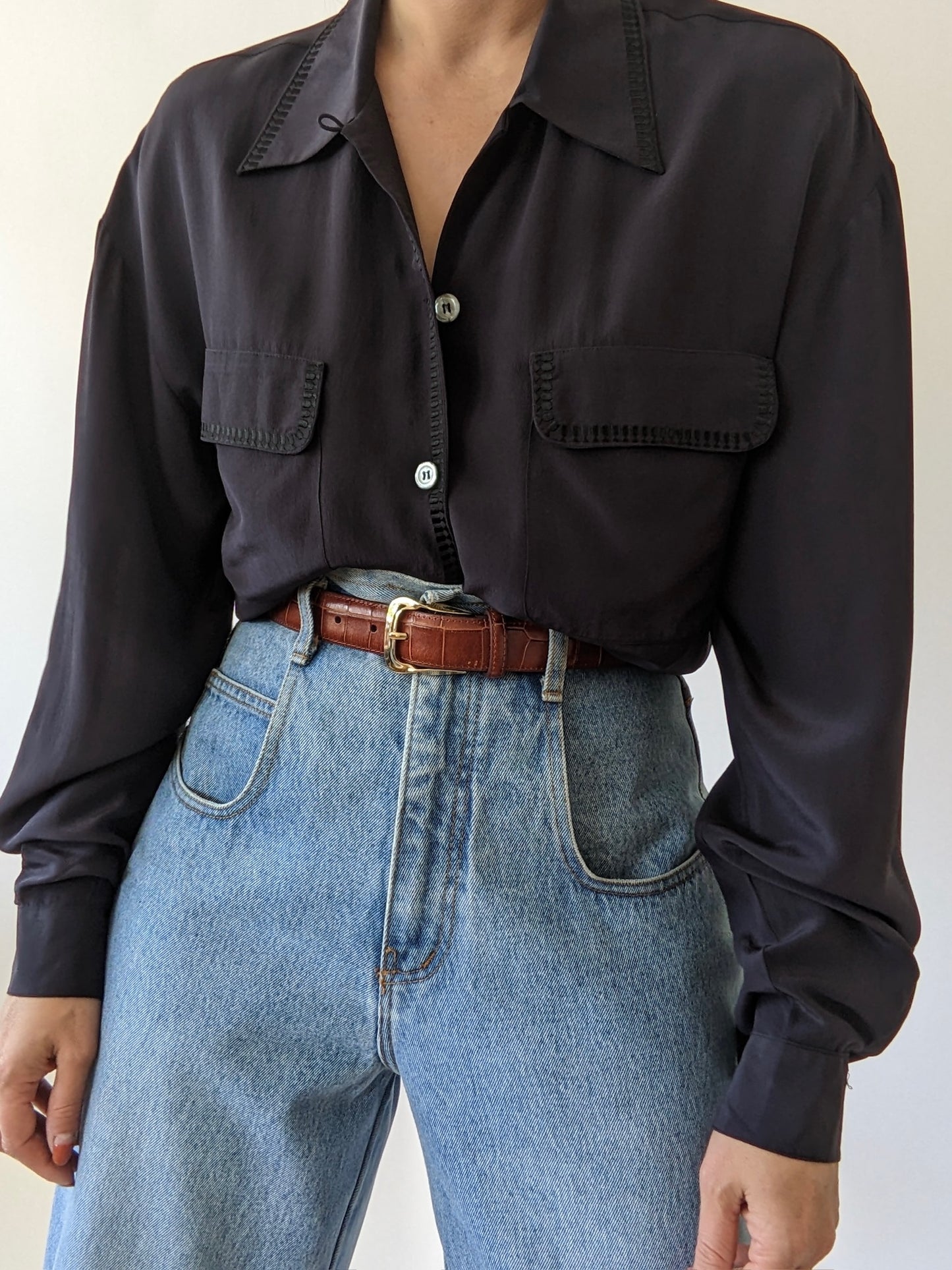 Vintage Midnight Embroidered Silk Blouse