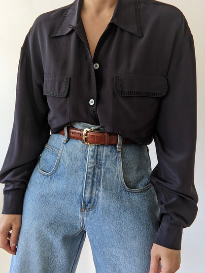Vintage Midnight Embroidered Silk Blouse