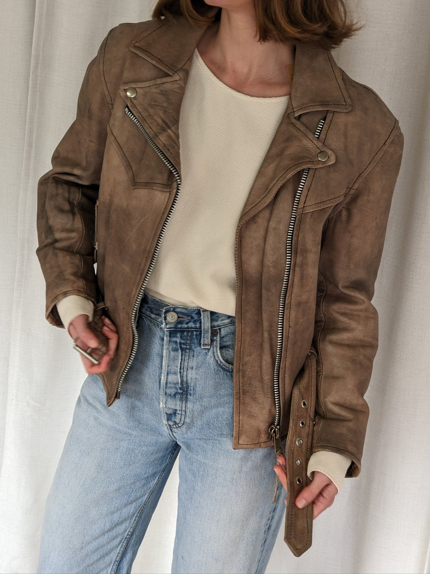 Amazing Vintage Faded Almond Leather Moto Jacket