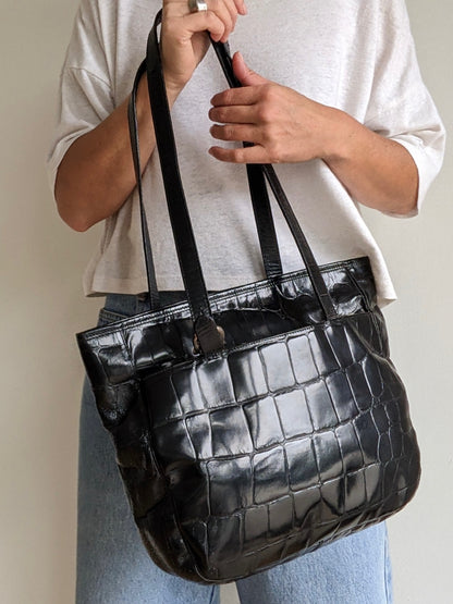 Vintage Paola Del Lungo Croc-Embossed Leather Tote