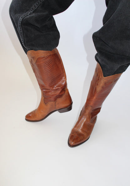 Vintage Cognac Embossed Cowboy Boots