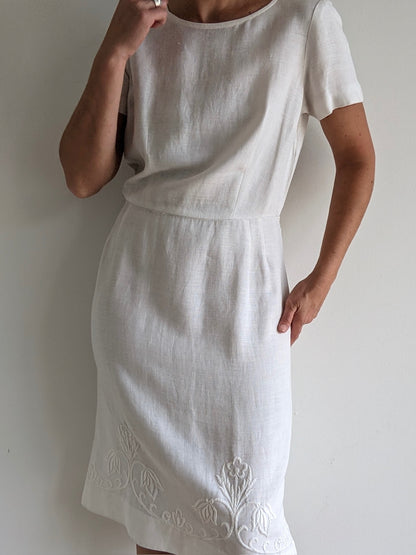 Vintage Ivory Embroidered Linen Dress