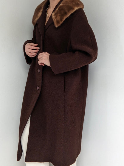 Gorgeous Vintage Chocolate Bouclé Wool & Fur Coat