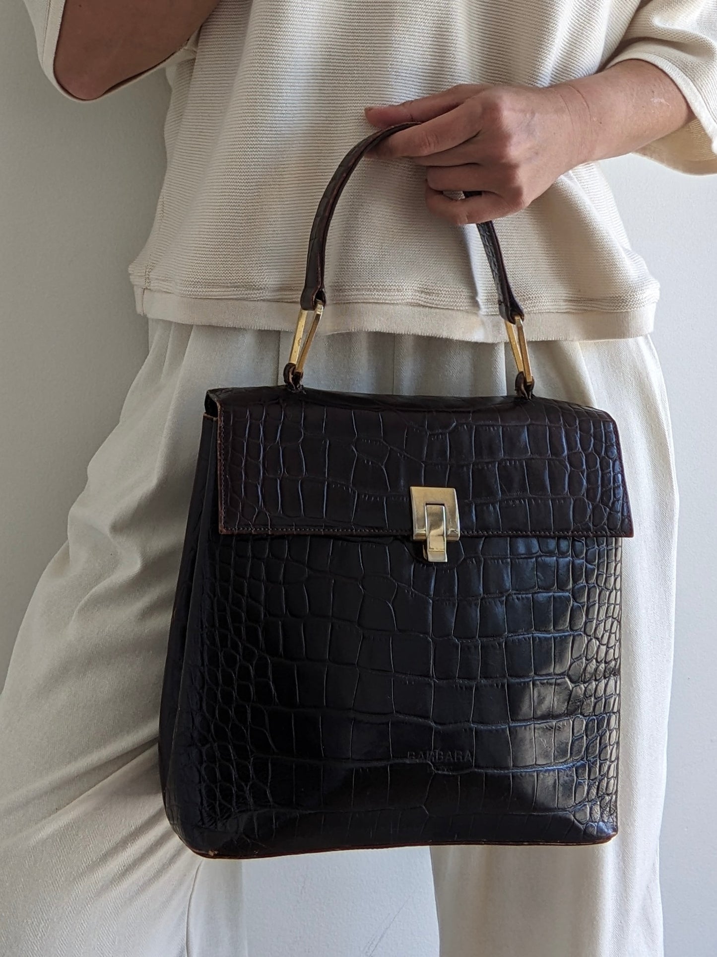 Vintage Espresso Croc-Embossed Leather Handbag