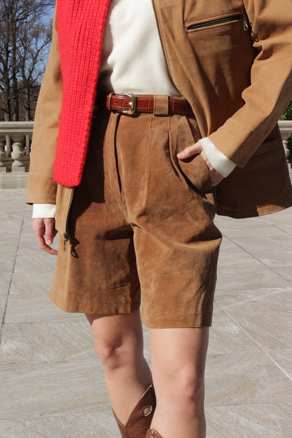 Vintage Pleated Cognac Suede Shorts