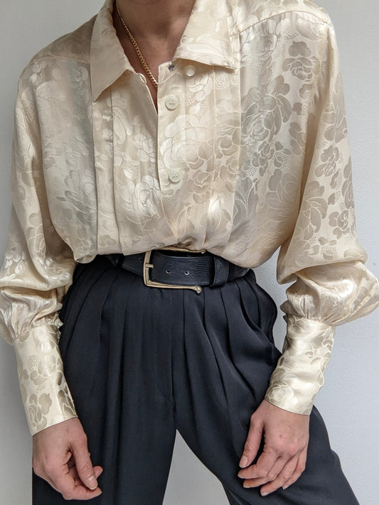 Vintage Buttercream Floral Silk Blouse