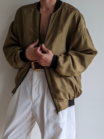 Vintage Olive Silk Bomber Jacket