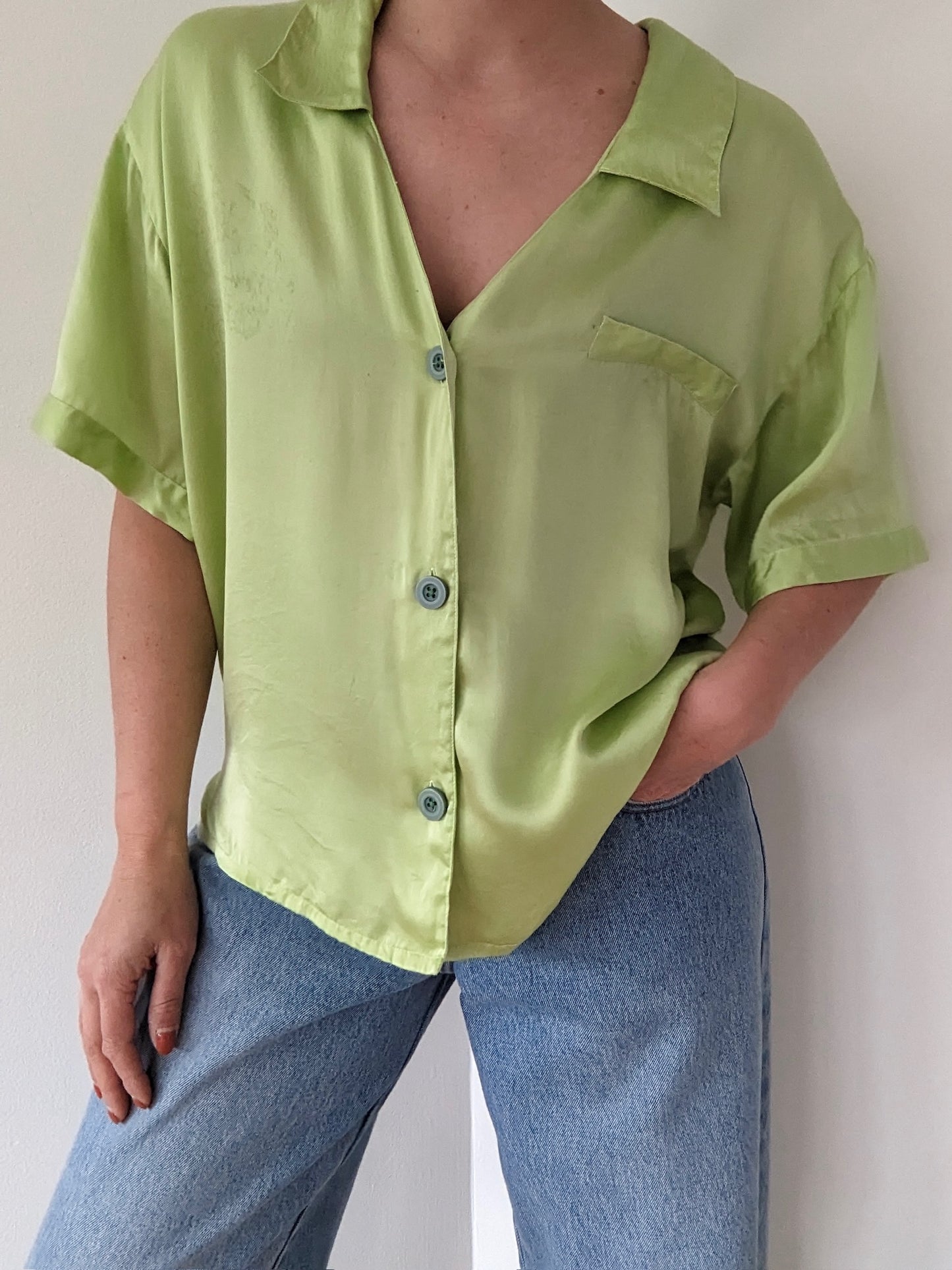 Vintage Chartreuse Silk Satin Blouse