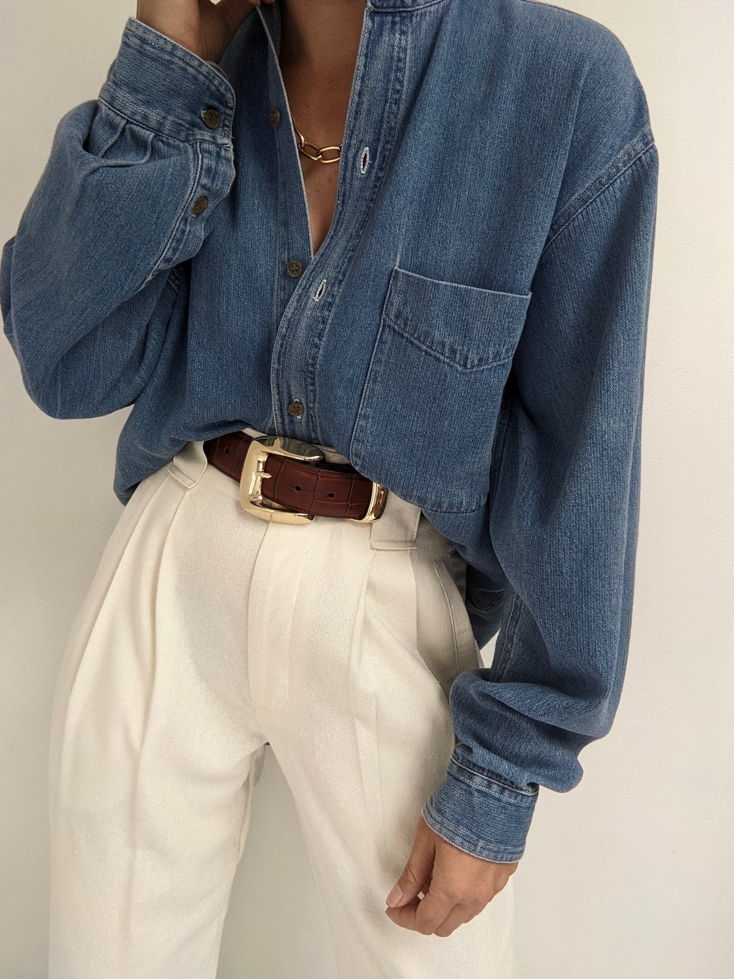 90s Collarless Denim Shirt