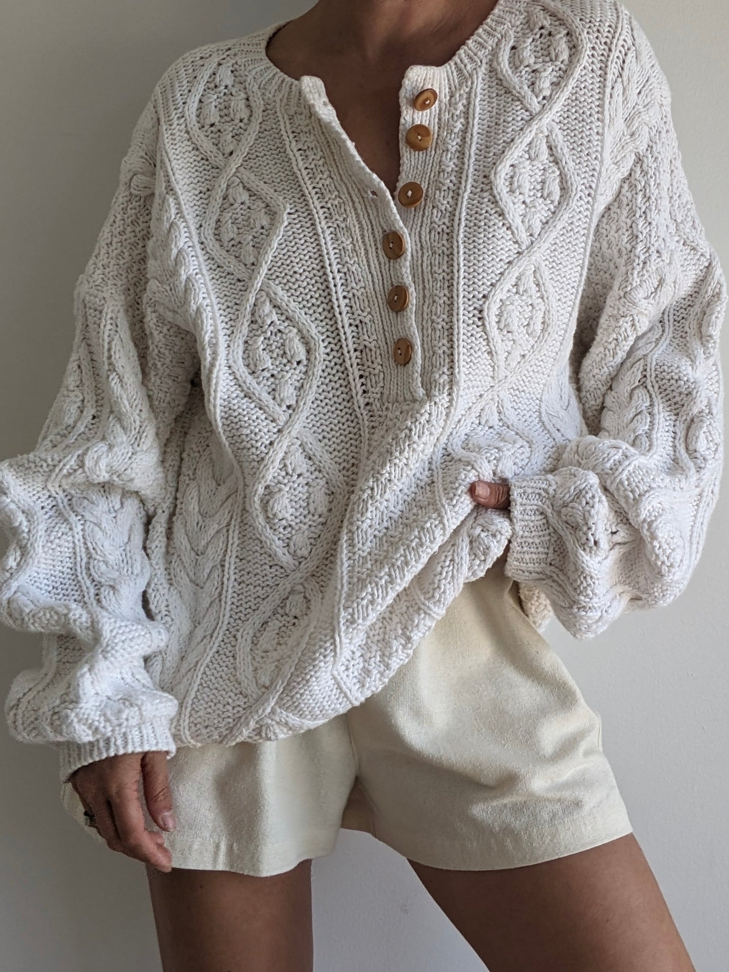 Vintage Hand-Knit Patterned Weave Henley