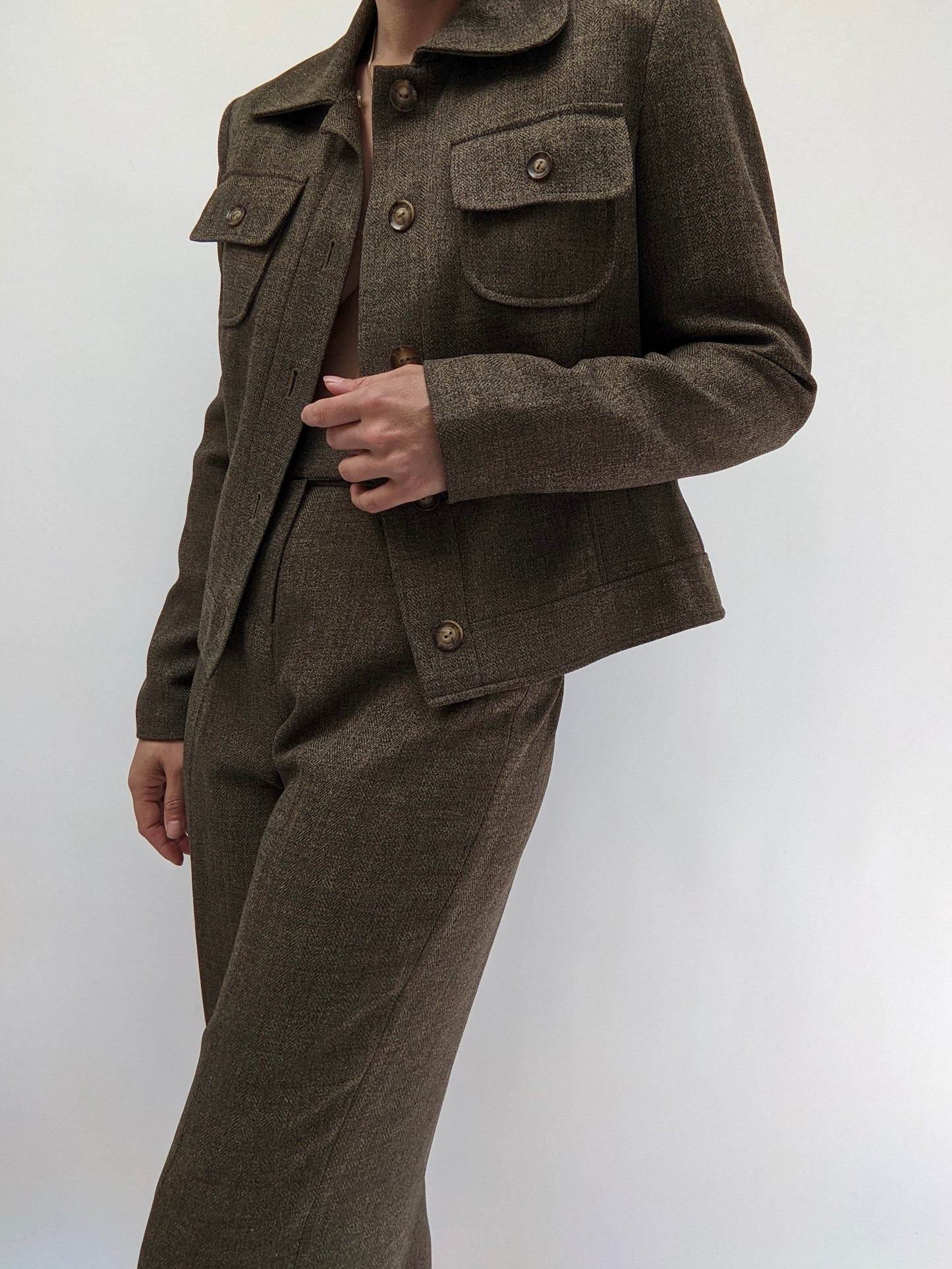 Sweet Olive Green Herringbone Pantsuit