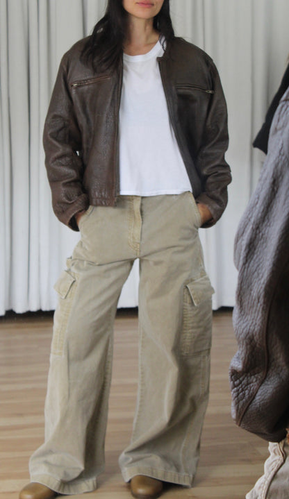 Vintage Tobacco Pebbled Leather Crop Jacket