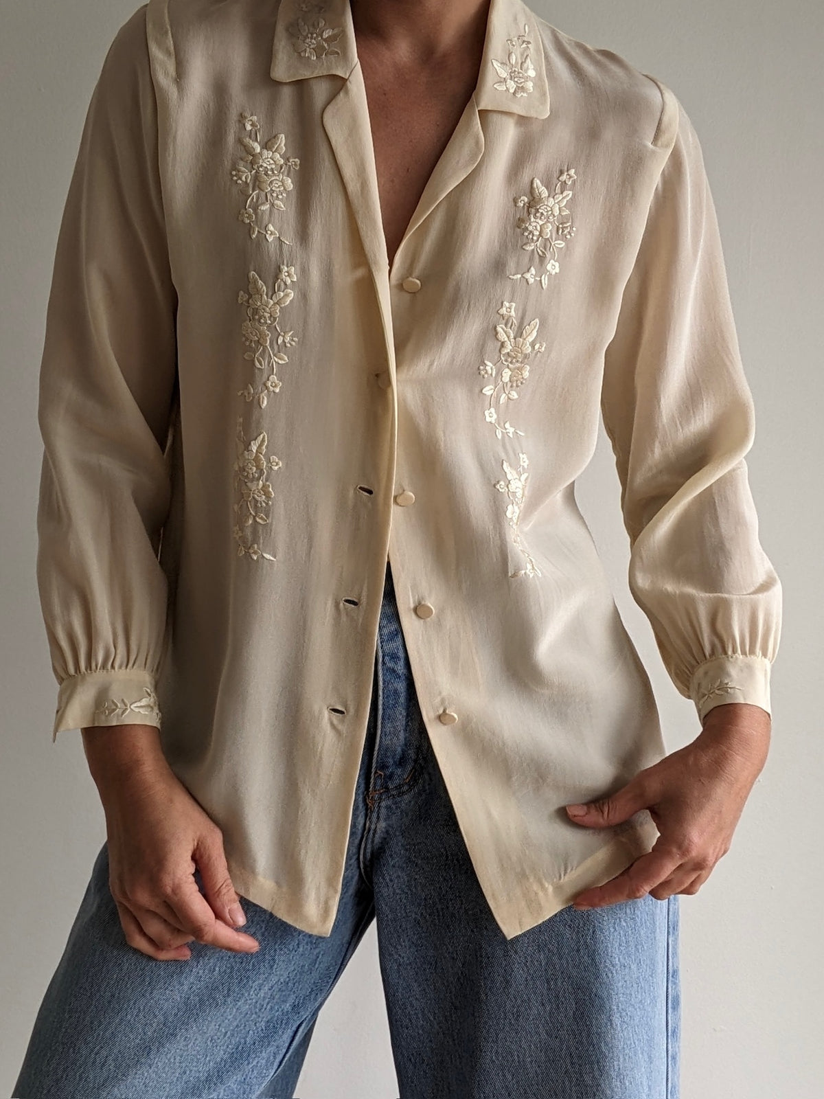 Vintage Floral Embroidered Silk Blouse