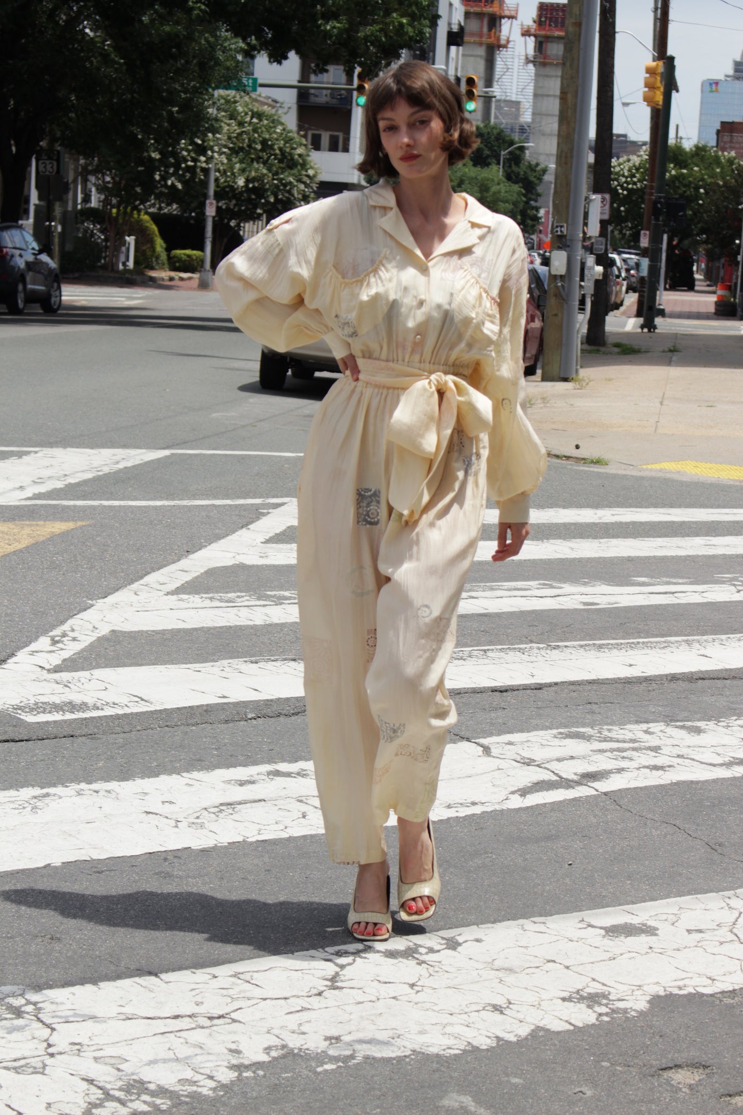 Vintage Block-Printed Butter Silk Jumpsuit