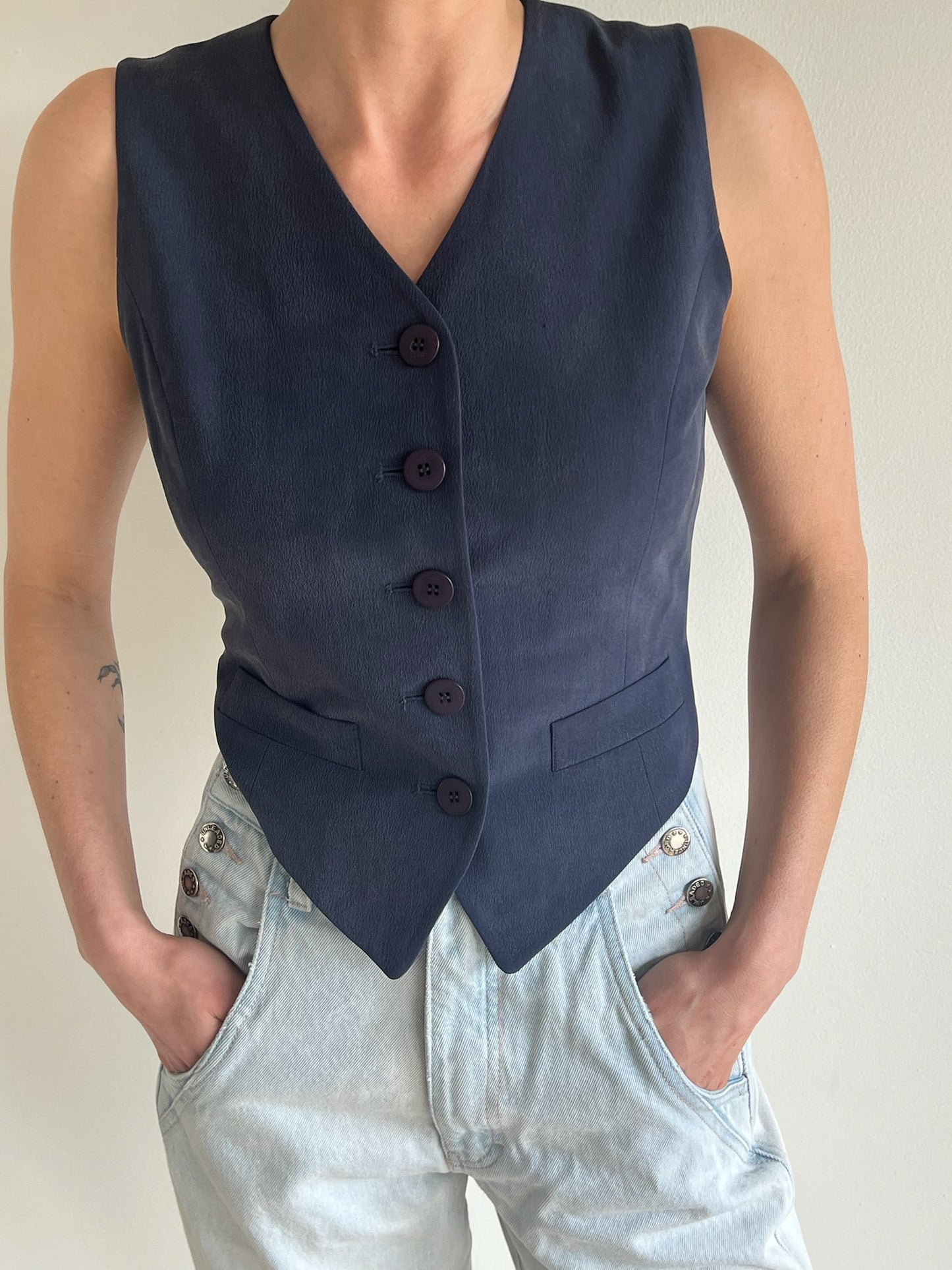 Vintage Navy Cropped Silk Vest