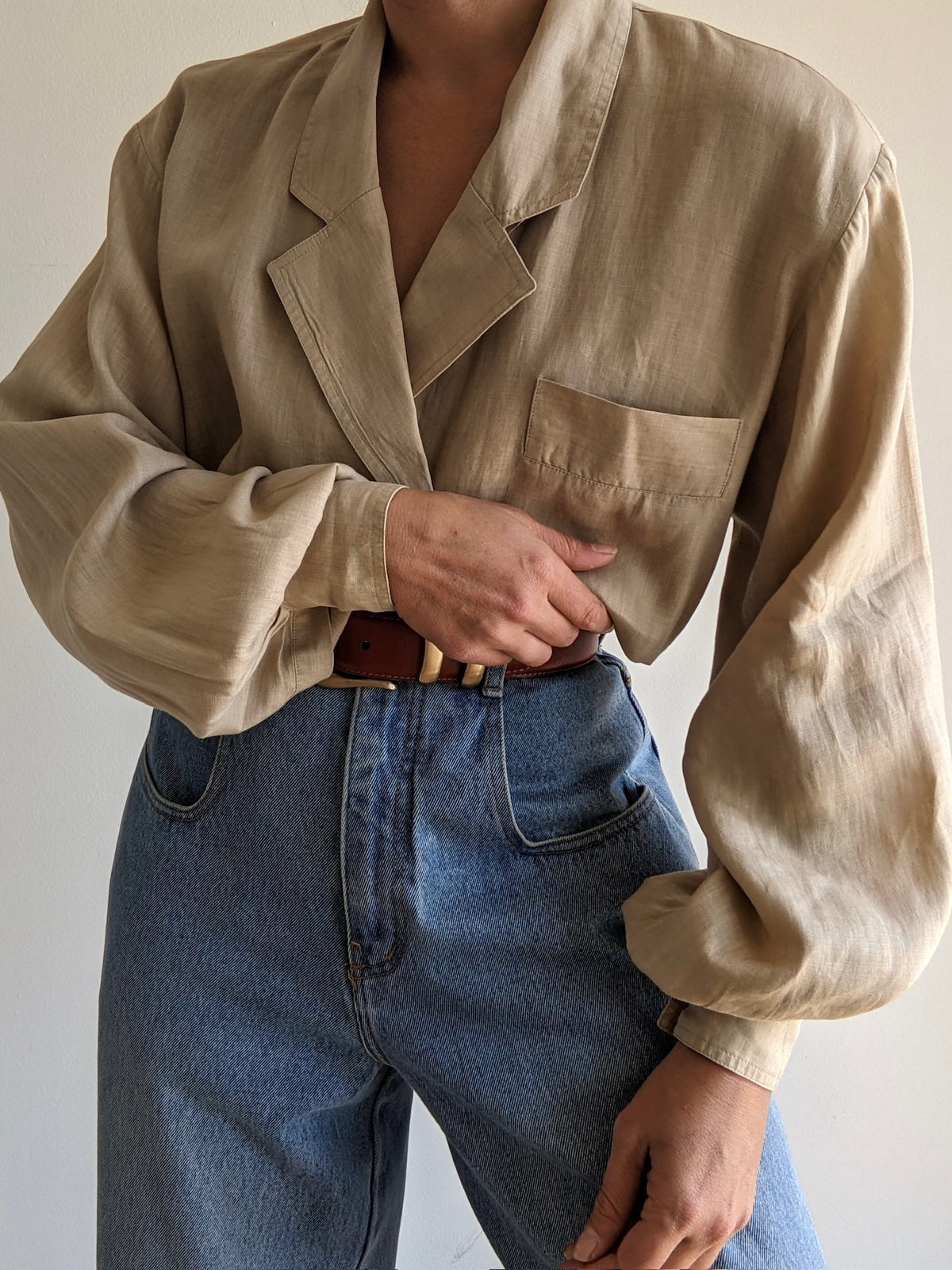 Vintage Sand Linen Balloon Sleeve Blouse