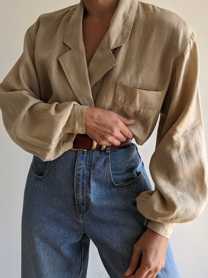 Vintage Sand Linen Balloon Sleeve Blouse