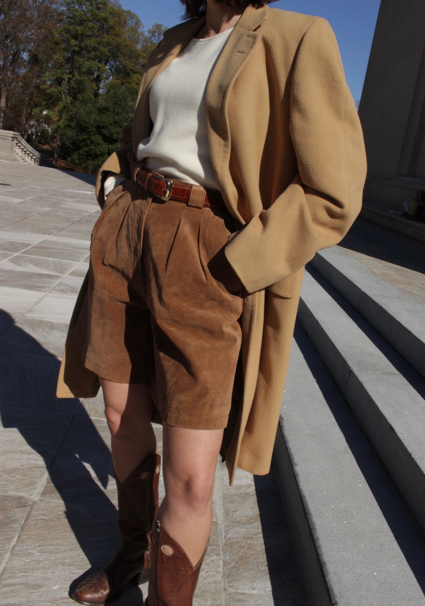 Vintage Pleated Cognac Suede Shorts