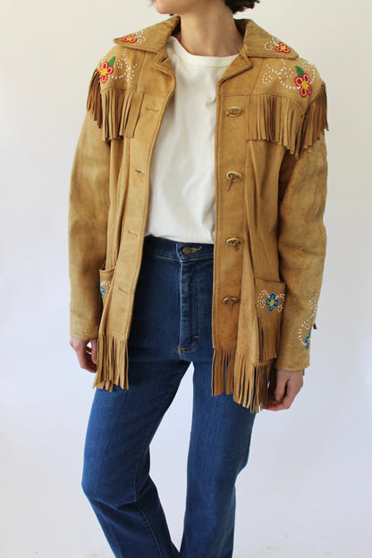 Vintage Floral Beaded Fringe Leather Jacket
