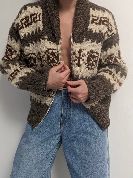 Incredible Vintage Cowichan Patterned Wool Cardigan