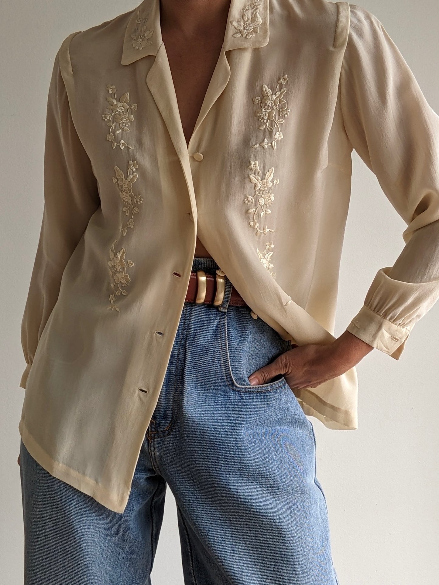 Vintage Floral Embroidered Silk Blouse