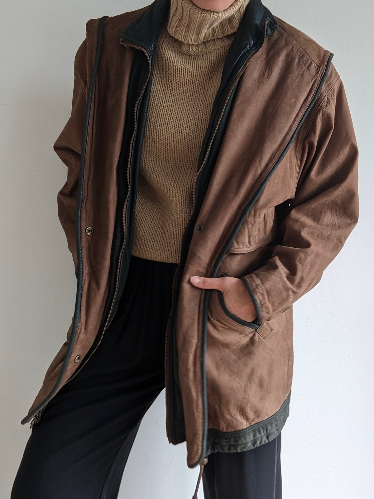 Vintage Hooded Walnut & Forest Leather Jacket