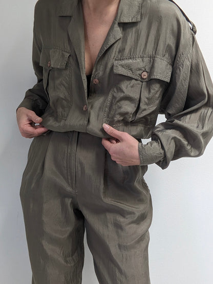 Vintage Olive Smooth Silk Jumpsuit