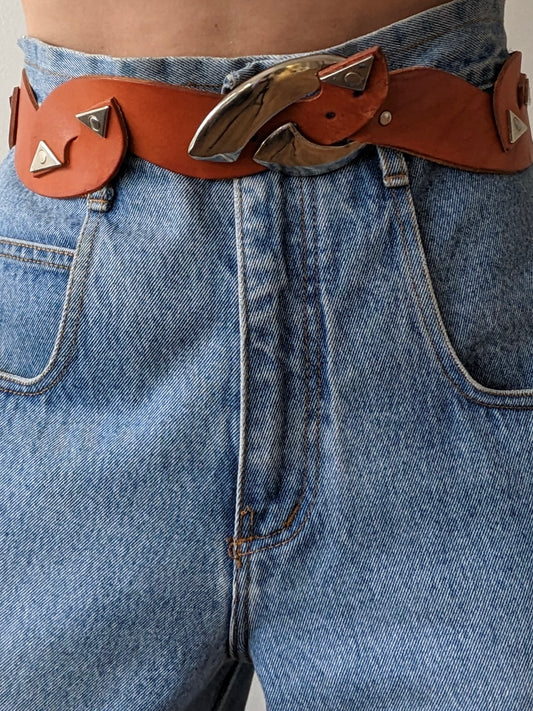 Rare Vintage Burnt Orange Scalloped Leather Belt